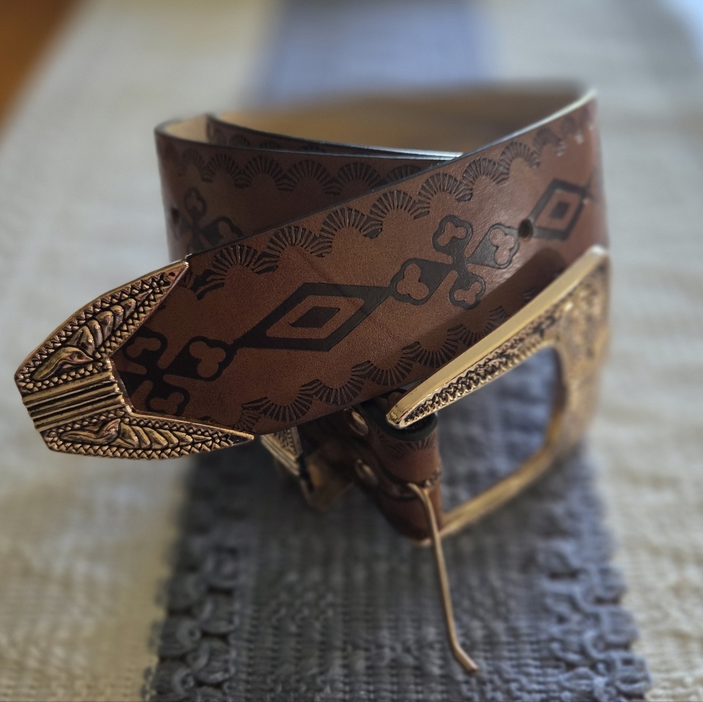 Brown Western Leather Belt with Gold Buckle